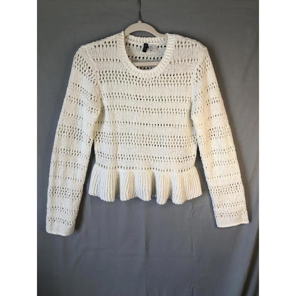 H&M Pointelle-Knit Peplum Sweater Ruffled Size Medium Cream